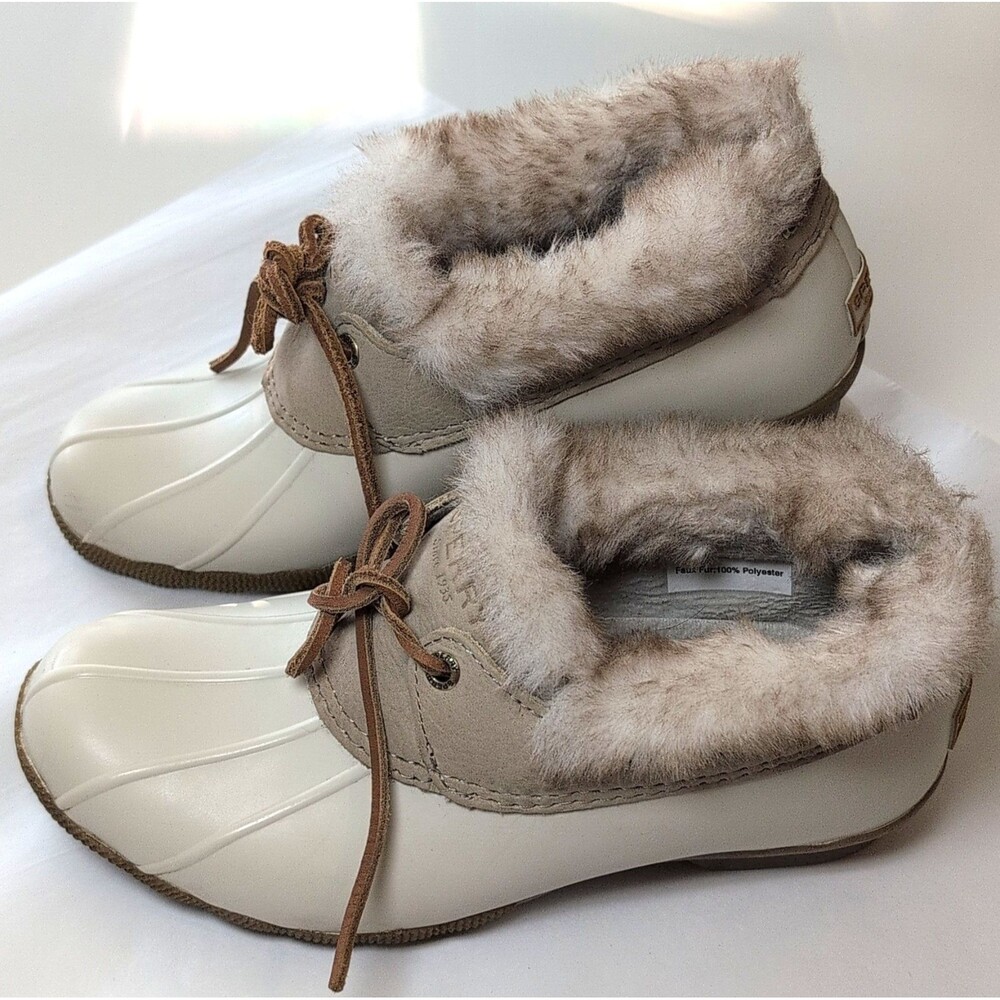 Women's Sperry Top-Sider Beige Brown Synthetic Fur Trim Lace Up Ankle Bootie - Picture 2 of 8